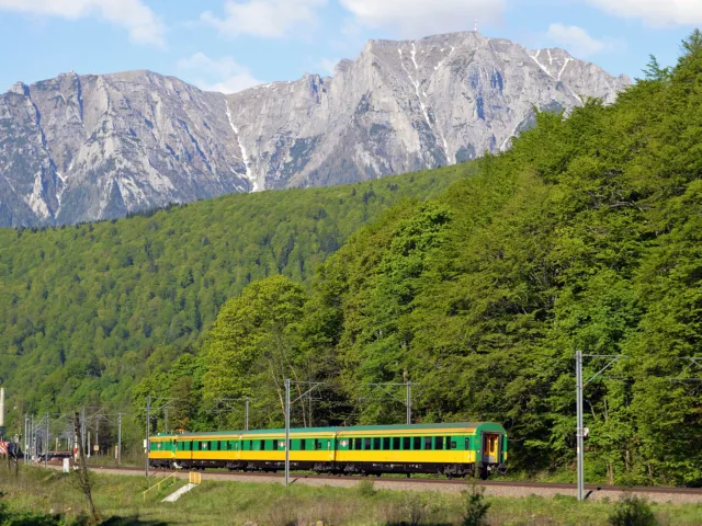 Tren la nord de Azuga, cu Munții Bucegi în fundal